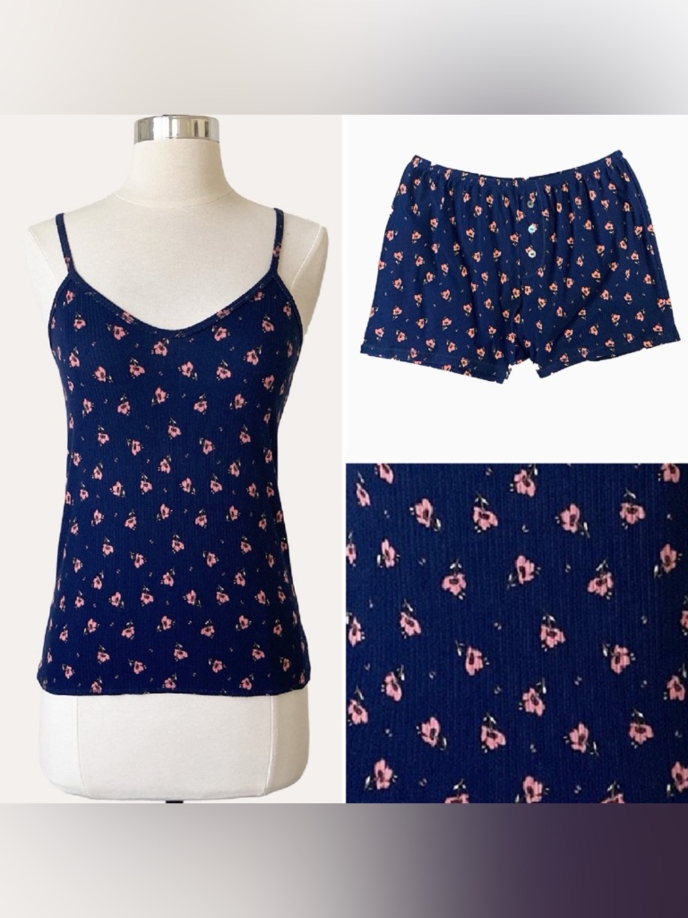 NEW Colette Dark blue ribbed scattered floral print cami and short set
